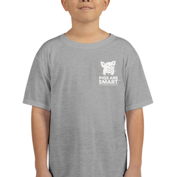 Child wearing the Pigs Are Smart Youth T-shirt in sport grey, featuring the logo on the chest.